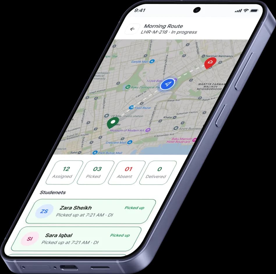 GoSirat Driver App for School Transportation GoSirat Driver App showing route navigation, QR verification, student attendance, and school transportation management.