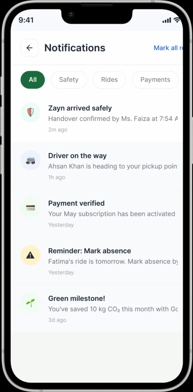 GoSirat Parent App Real-Time Notifications GoSirat Parent App showing real-time notifications for school transportation, including pickup, school arrival, and safe drop-off.
