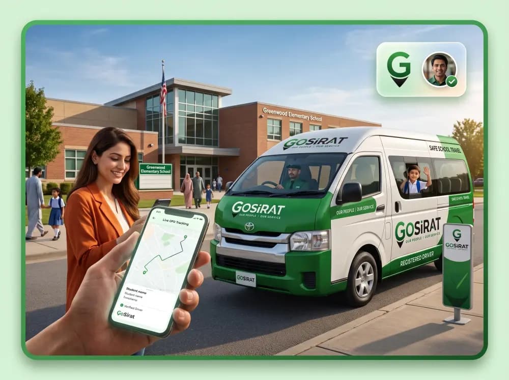 GoSirat Vision for Safe School Transportation Parent tracking a child's school journey with the GoSirat app while a GoSirat vehicle safely transports students to school.